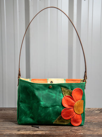 Ready to Ship | Small Handmade waxed canvas shoulder Bag | Emerald Green Snap Floral