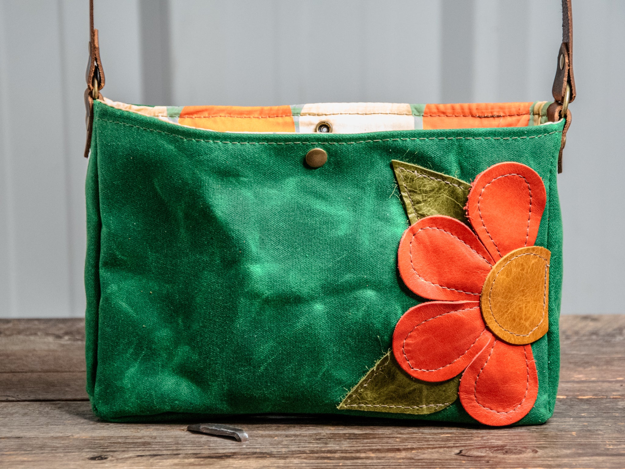 Ready to Ship | Small Handmade waxed canvas shoulder Bag | Emerald Green Snap Floral