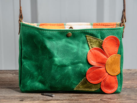 Ready to Ship | Small Handmade waxed canvas shoulder Bag | Emerald Green Snap Floral