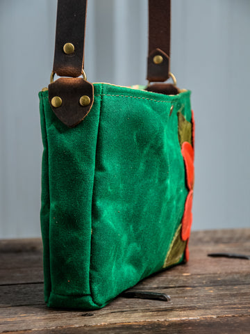 Ready to Ship | Small Handmade waxed canvas shoulder Bag | Emerald Green Snap Floral