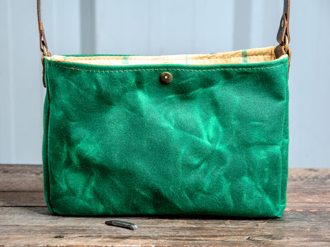 Ready to Ship | Small Handmade waxed canvas shoulder Bag | Emerald Green Snap Floral