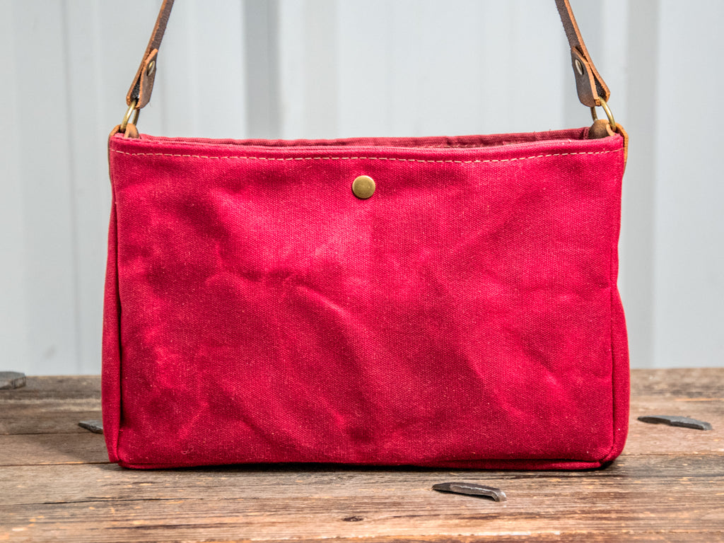 Ready to Ship | Small Handmade waxed canvas shoulder Bag | Red Snap