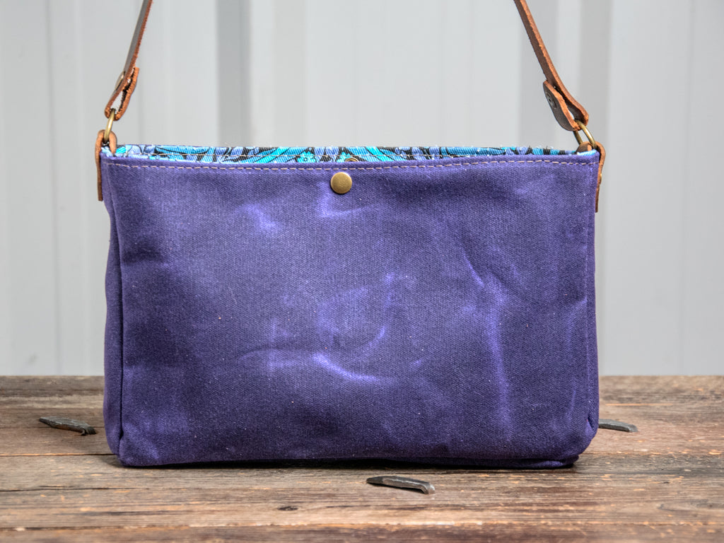 Ready to Ship | Small Handmade waxed canvas shoulder Bag | Purple Lined Snap