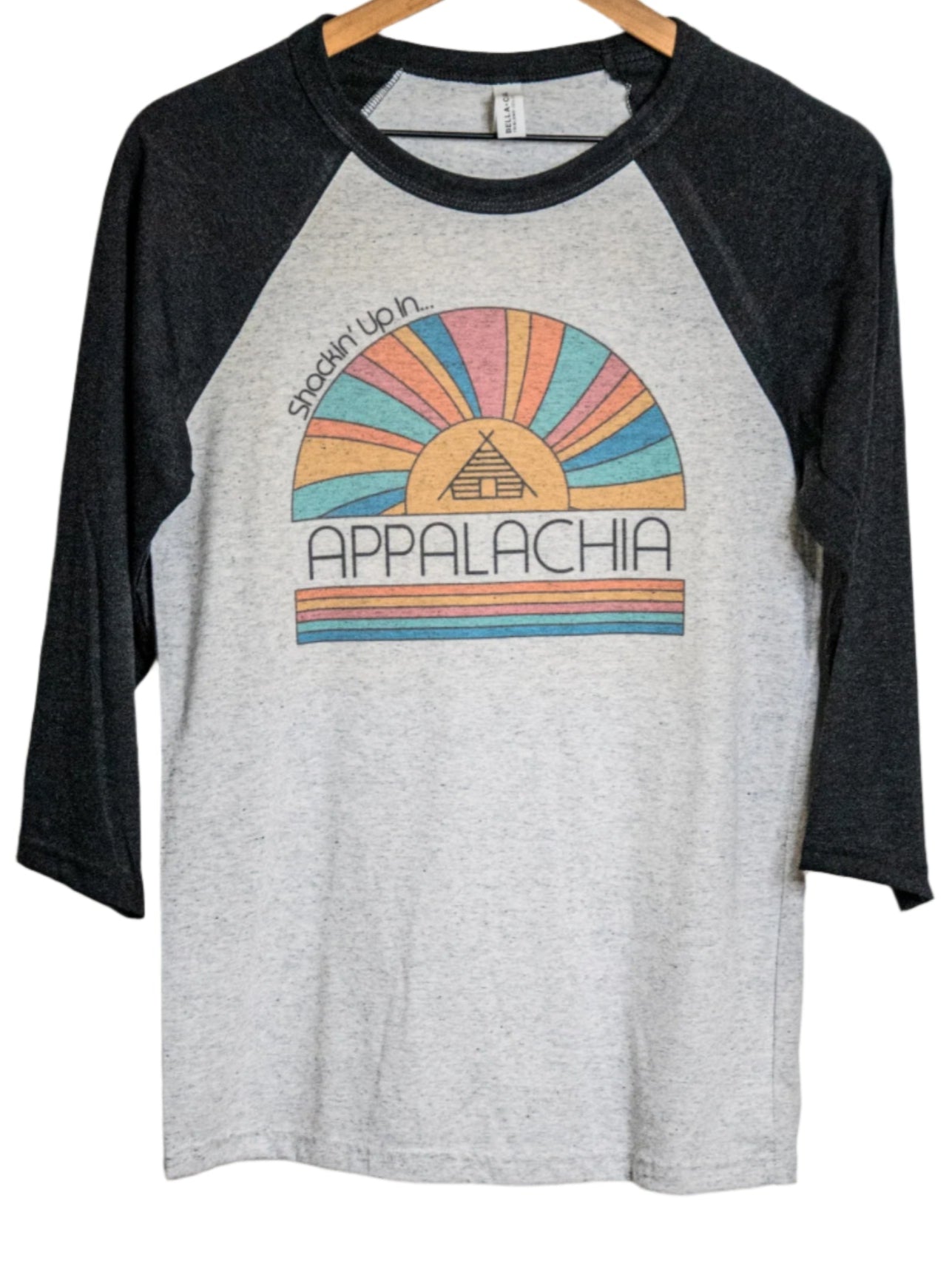 Handprinted T-shirt | Shackin' Up in Appalachia | Unisex Tri-Blend Ragland | Camp Blue