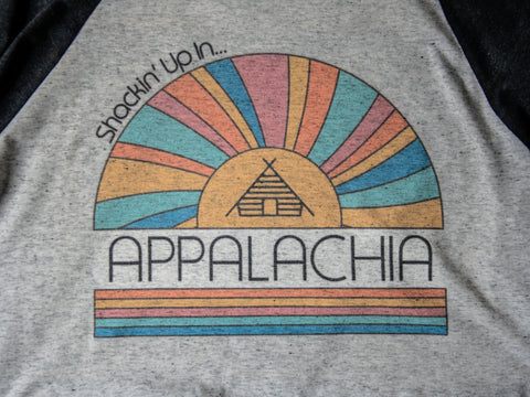 Handprinted T-shirt | Shackin' Up in Appalachia | Unisex Tri-Blend Ragland | Camp Blue