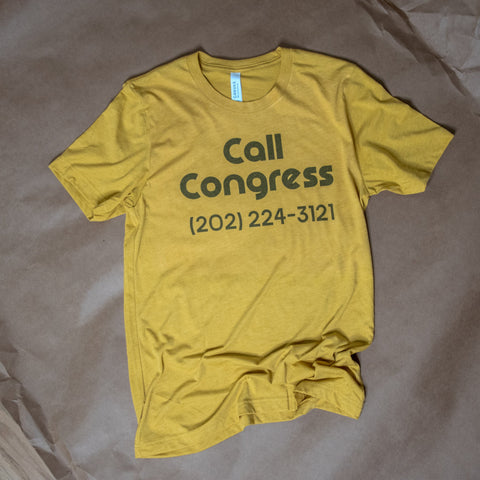 Handprinted T-shirt | Call Congress | Mustard Unisex Tri-Blend | Camp Blue
