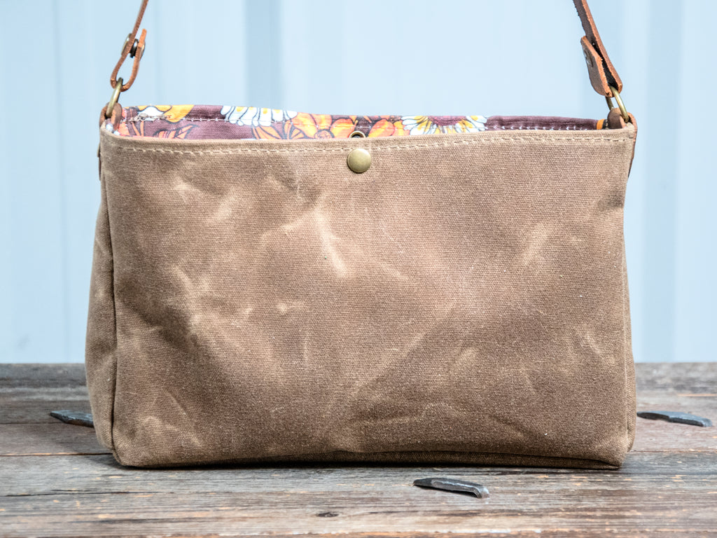 Ready to Ship | Small Handmade waxed canvas shoulder Bag | Pecan Snap Lined