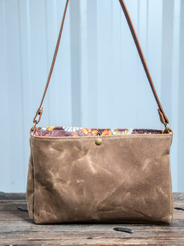 Ready to Ship | Small Handmade waxed canvas shoulder Bag | Pecan Snap Lined