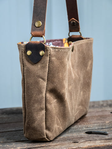 Ready to Ship | Small Handmade waxed canvas shoulder Bag | Pecan Snap Lined