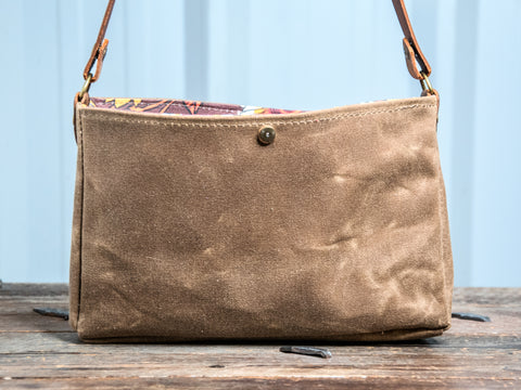 Ready to Ship | Small Handmade waxed canvas shoulder Bag | Pecan Snap Lined