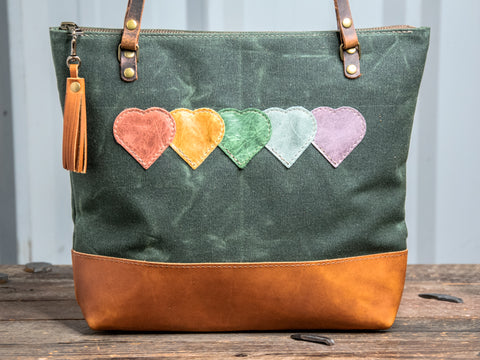 Ready to Ship | Handmade Leather Tote Bag | Medium Classic | Rainbow Hearts