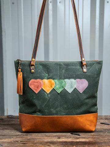 Ready to Ship | Handmade Leather Tote Bag | Medium Classic | Rainbow Hearts