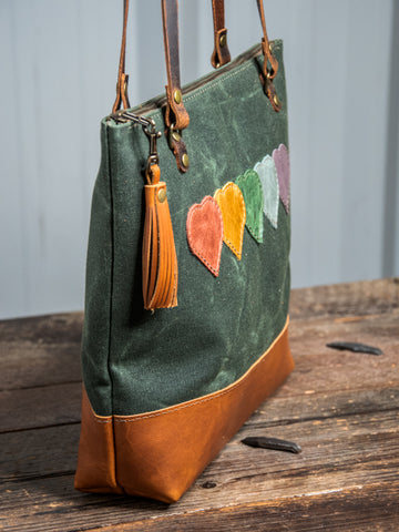 Ready to Ship | Handmade Leather Tote Bag | Medium Classic | Rainbow Hearts