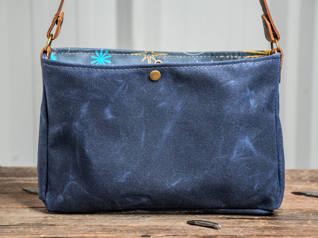 Ready to Ship | Small Handmade waxed canvas shoulder Bag | navy Lined Snap