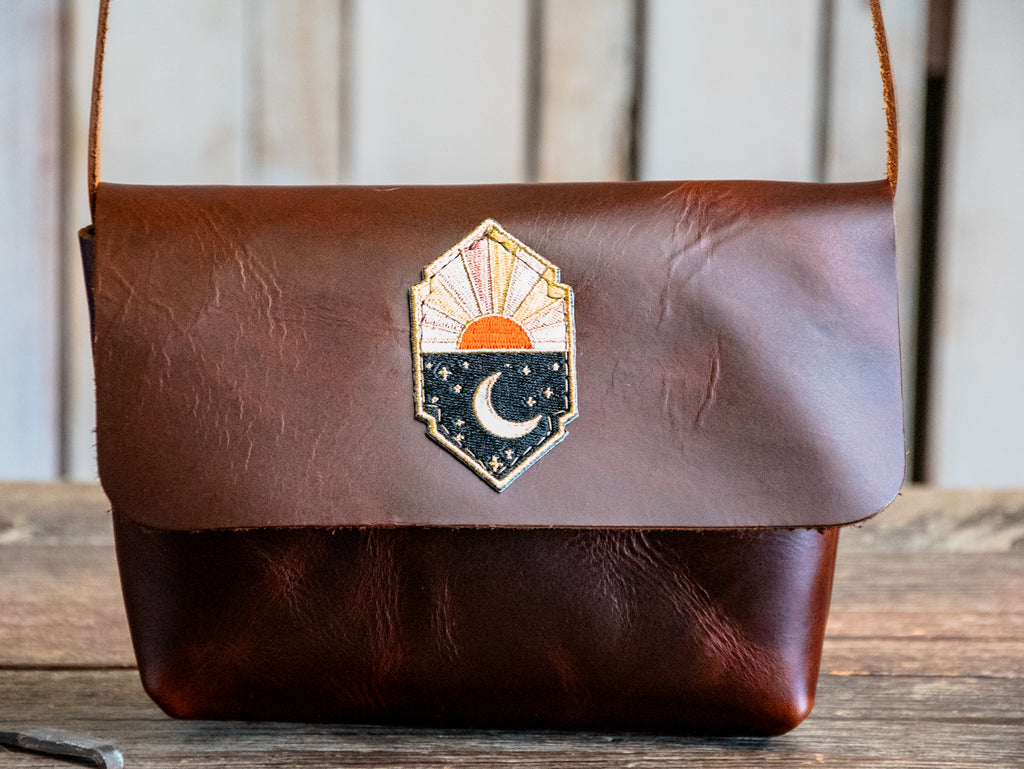 One of a kind | Leather Mini Satchel Bag | Sun and Moon Crossbody Bag | Antiquaria Embroidered Patch