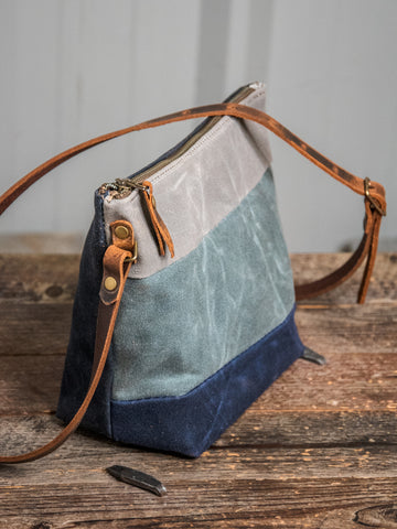 Ready to Ship | Handmade Leather and Waxed Canvas Tote bag | Small Minimalist | Nautical Stripe