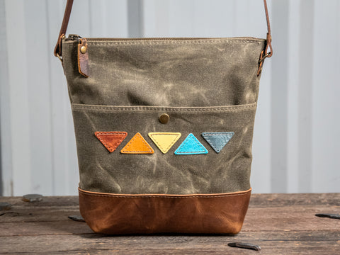 Ready to Ship | The MINI ML tote | Waxed Canvas and leather tote bag | Rainbow Triangles