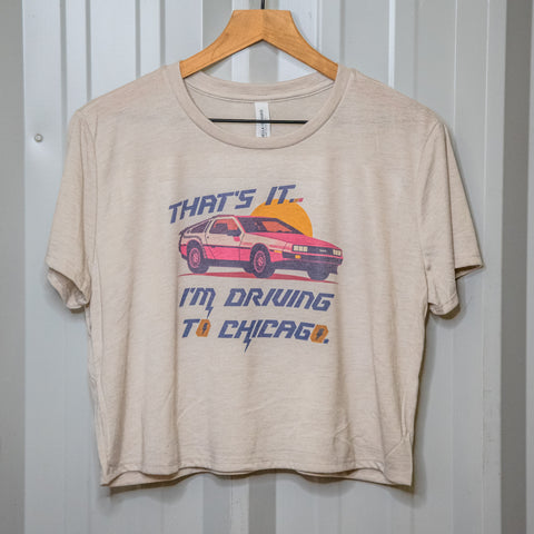 Handprinted T-shirt | Camp Blue | Driving to Chicago | Oatmeal |  Flowy Crop