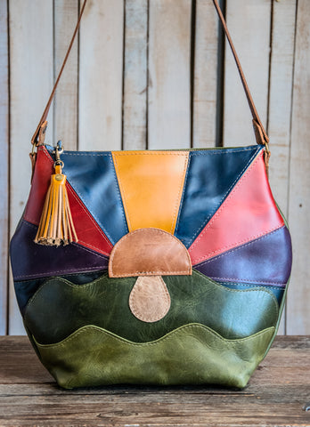 LIMITED EDITION Patchwork Mushroom Boho Curved Leather Tote Bag | Only a few Available | Lined with Zipper and Tassel