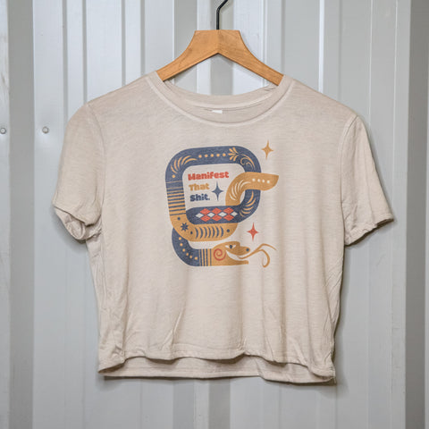 Handprinted T-shirt | Camp Blue | Manifest that Shit | Oatmeal |  Flowy Crop