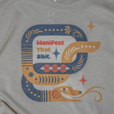 Handprinted T-shirt | Camp Blue | Manifest that Shit | Oatmeal |  Flowy Crop