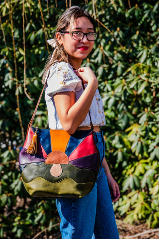 LIMITED EDITION Patchwork Mushroom Boho Curved Leather Tote Bag | Only a few Available | Lined with Zipper and Tassel