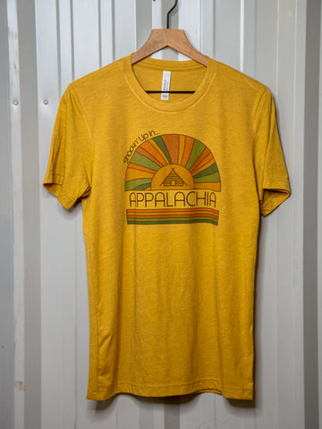 Handprinted T-shirt | Camp Blue | Shackin' Up in Appalachia | Unisex Tri-Blend Mustard Tee