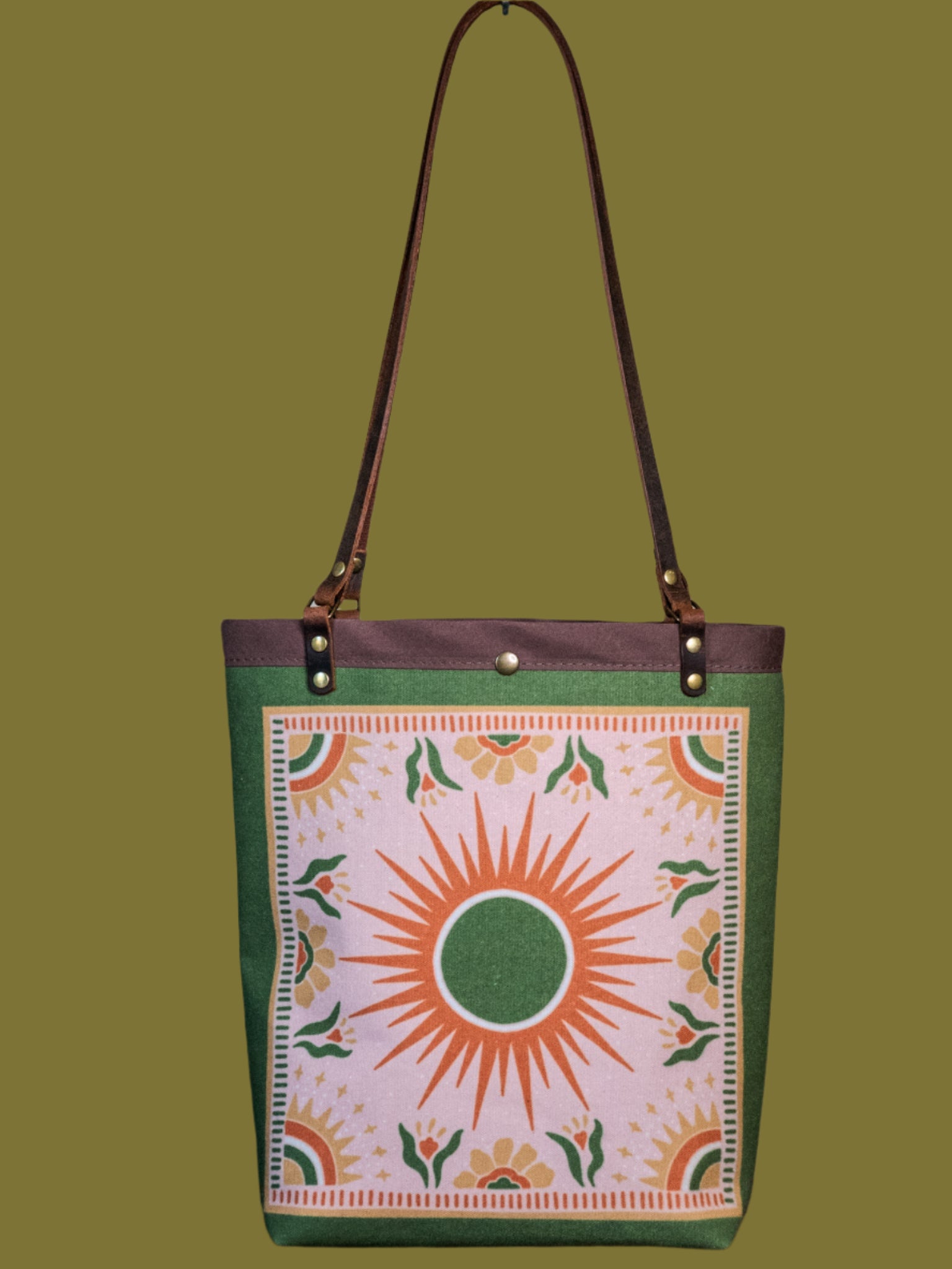 Greenery |  Canvas and Leather tote bag  | Handprinted