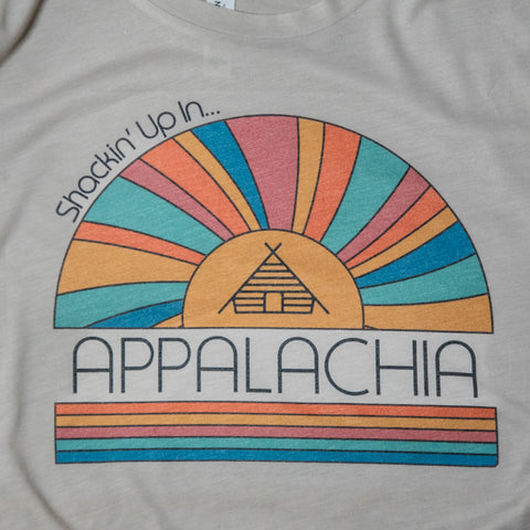 Handprinted T-shirt | Camp Blue | Shackin' Up In Appalachia | Oatmeal |  Flowy Crop