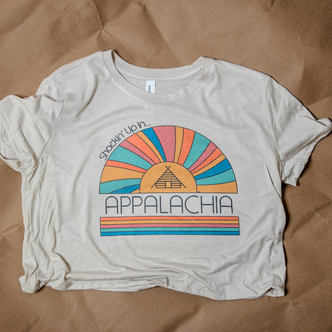 Handprinted T-shirt | Camp Blue | Shackin' Up In Appalachia | Oatmeal |  Flowy Crop