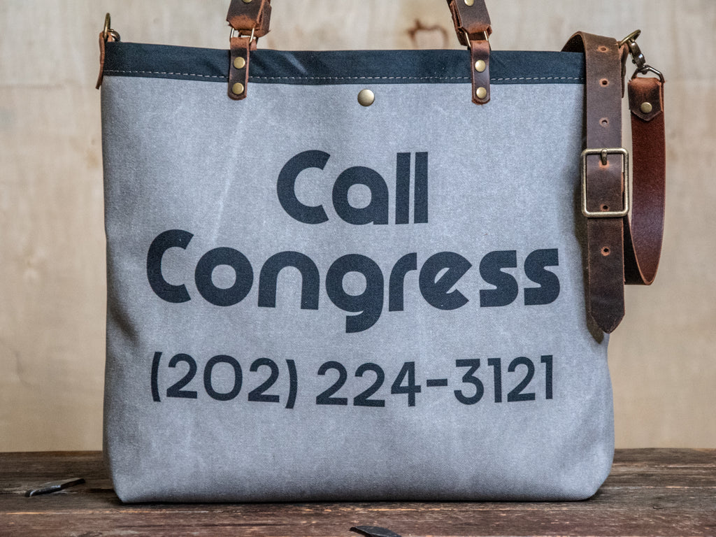Canvas and Leather LARGE Farmer's Market Tote | Handprinted Call Congress
