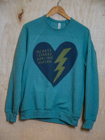 Handprinted Sweatshirt | Hearts + Sparks | Unisex Tri-Blend |  Lagoon Blue