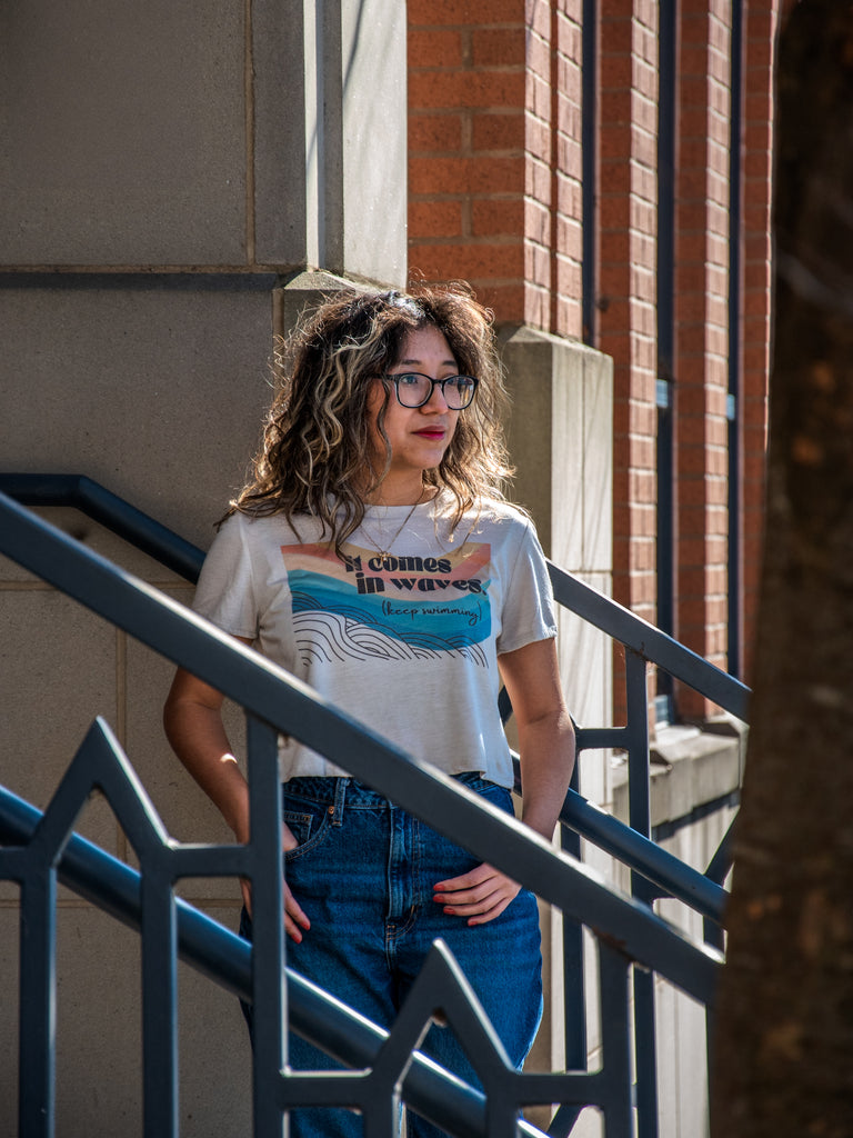 Handprinted T-shirt | Camp Blue | It Comes in Waves | Oatmeal |  Flowy Crop