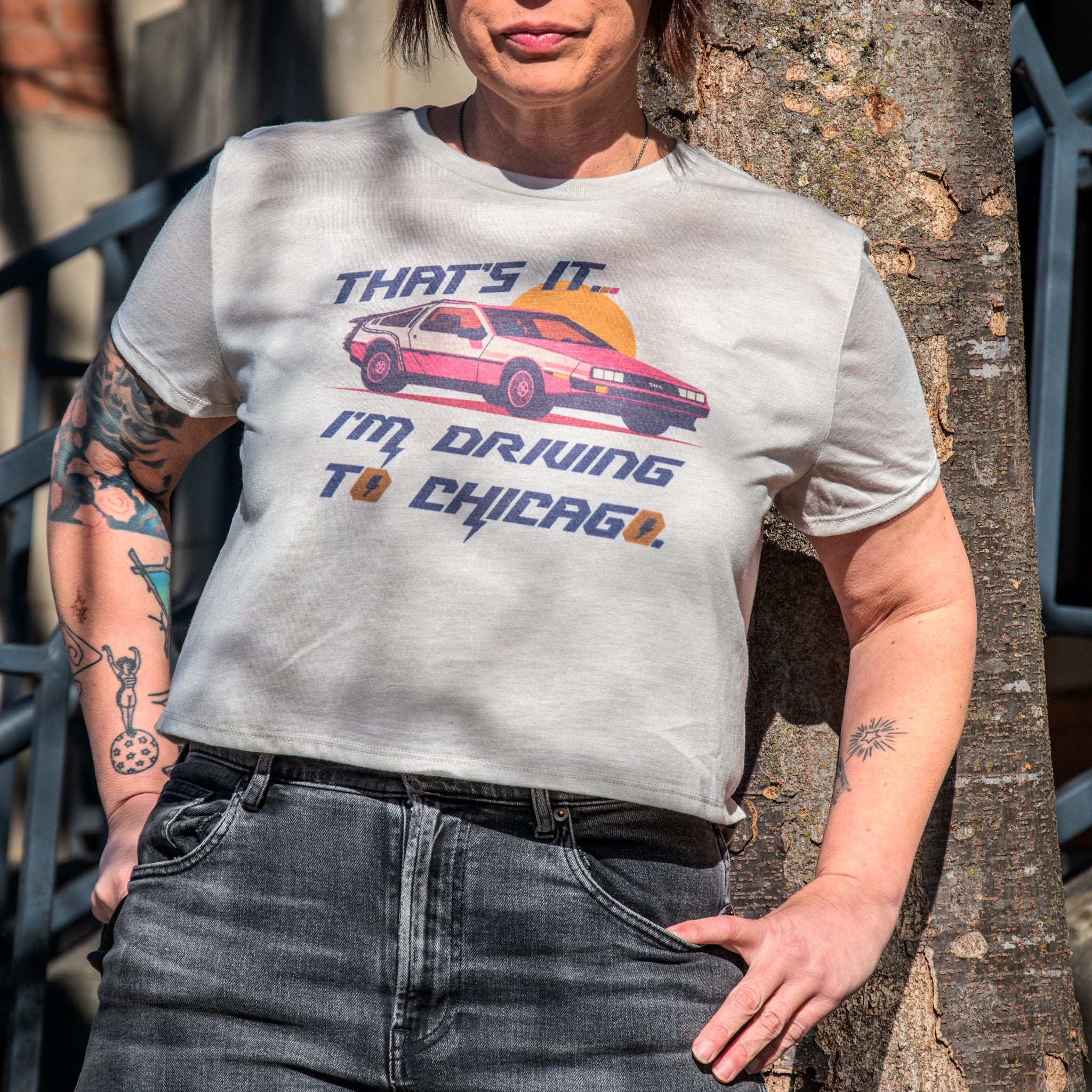 Handprinted T-shirt | Camp Blue | Driving to Chicago | Oatmeal |  Flowy Crop