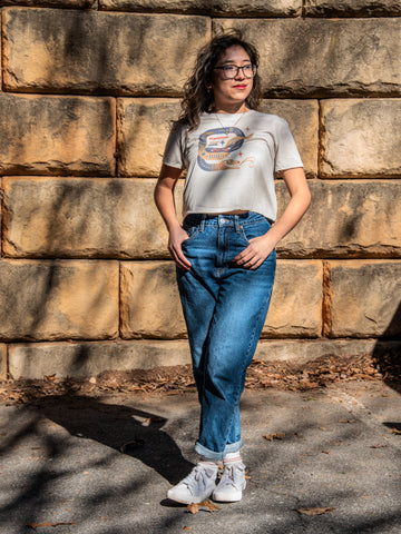 Handprinted T-shirt | Camp Blue | Manifest that Shit | Oatmeal |  Flowy Crop