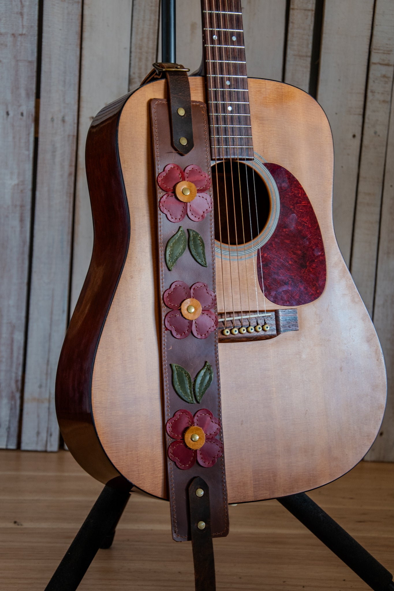 Limited Edition | Leather Guitar Strap | Handmade Banjo Strap  | Floral Folk Art Applique | Eco Friendly Leather | Bourbon