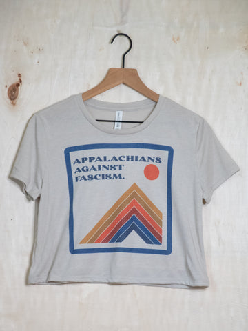 Handprinted Made in USA T-shirt | Appalachians Against Fascism | Oatmeal Flowy Crop