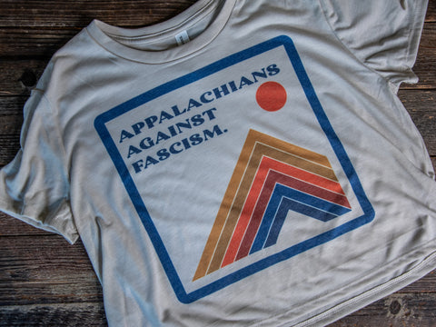 Handprinted Made in USA T-shirt | Appalachians Against Fascism | Oatmeal Flowy Crop