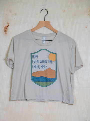 Handprinted Made in USA T-shirt | Hope, Even when the Creek Rises  | Oatmeal Flowy Crop