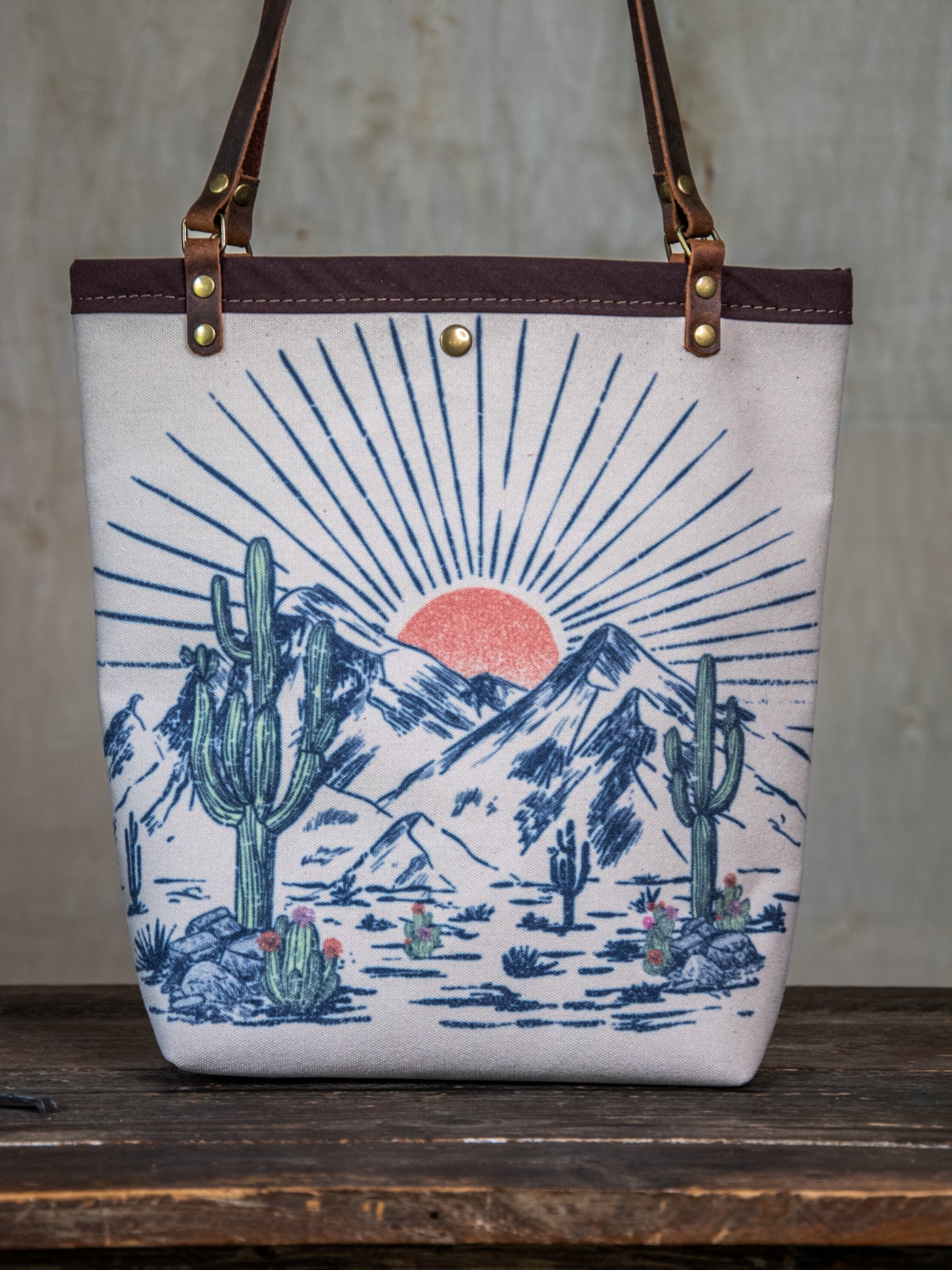 Ready to Ship | Canvas and Leather Tote Bag Desert| Handprinted | In Blue + Camp Blue collab