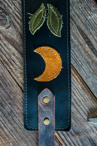 Limited Edition | Leather Guitar Strap |  Handmade Banjo Strap  | Moon Folk Art Applique | Eco Friendly Leather