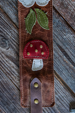 Limited Edition | Leather Guitar Strap |  Handmade Banjo Strap  | Mushroom Folk Art Applique | Eco Friendly Leather