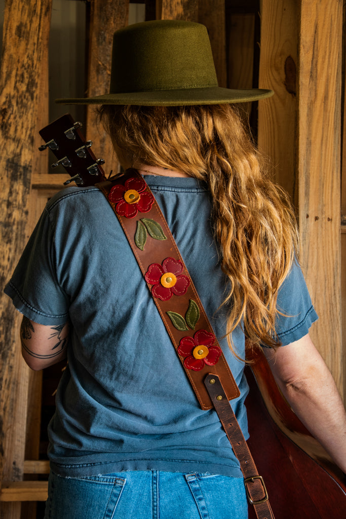 Limited Edition | Leather Guitar Strap | Handmade Banjo Strap  | Floral Folk Art Applique | Eco Friendly Leather | Bourbon