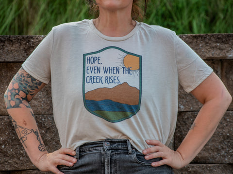 Handprinted Made in USA T-shirt | Hope, Even when the Creek Rises  | Oatmeal Flowy Crop