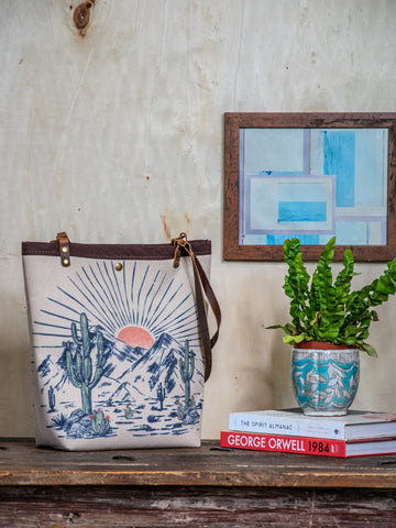 Ready to Ship | Canvas and Leather Tote Bag Desert| Handprinted | In Blue + Camp Blue collab