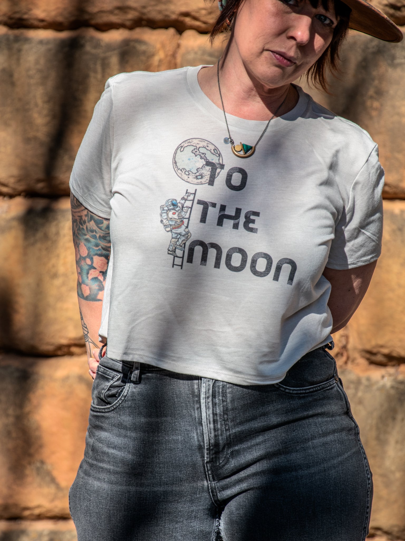 Handprinted T-shirt | Camp Blue | To The Moon | Oatmeal |  Flowy Crop