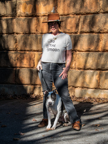 Handprinted T-shirt | Camp Blue | To The Moon | Oatmeal |  Flowy Crop