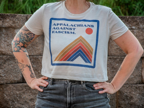 Handprinted Made in USA T-shirt | Appalachians Against Fascism | Oatmeal Flowy Crop