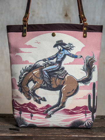 Ready to Ship | Canvas and Leather Tote Bag Cowgirl | Handprinted | In Blue + Camp Blue collab