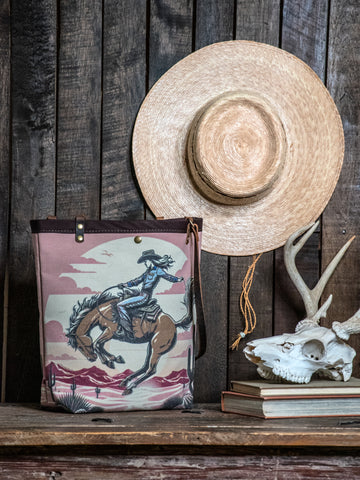 Ready to Ship | Canvas and Leather Tote Bag Cowgirl | Handprinted | In Blue + Camp Blue collab